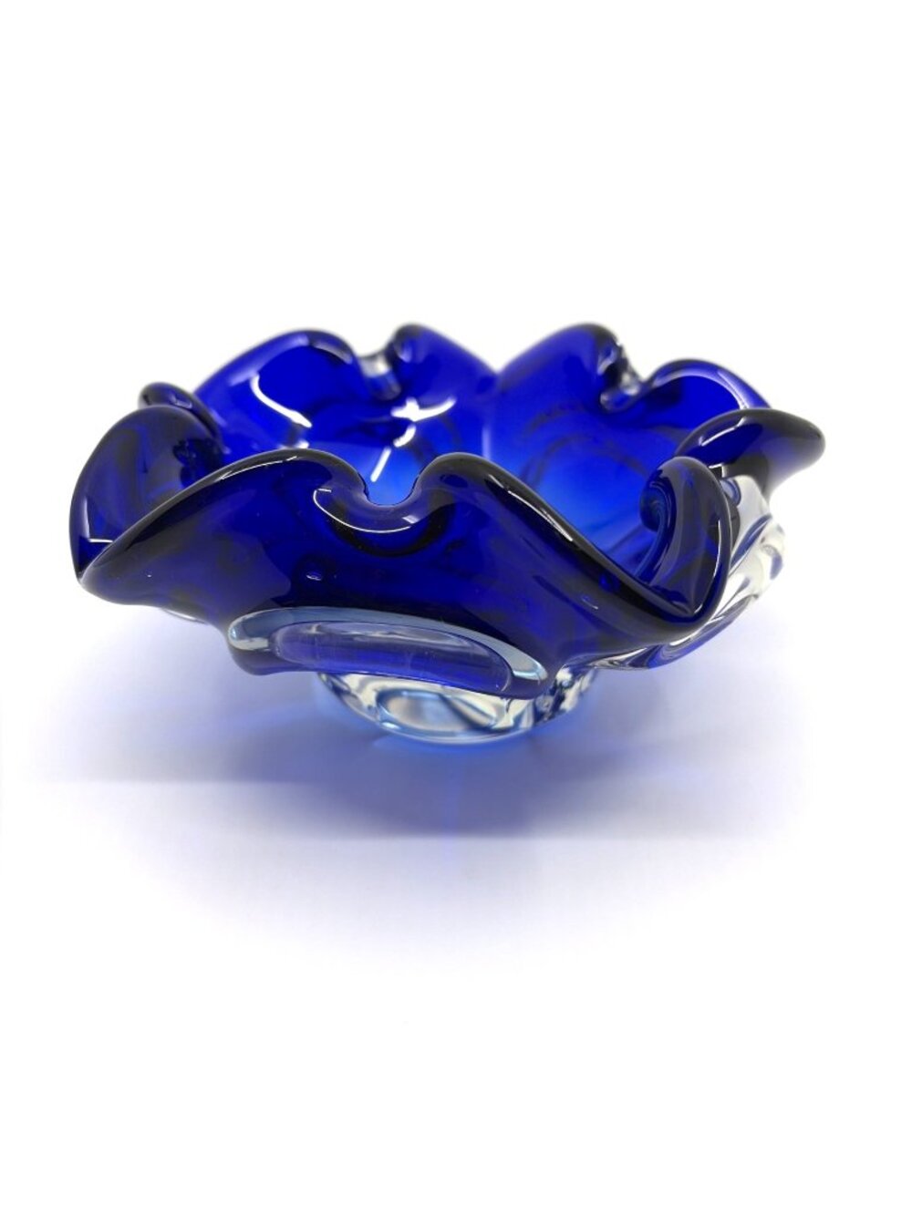 Vtg Czech Bohemian Cobalt Blue Hand Blown Art Glass Ruffled Bowl Ashtray 6.25"